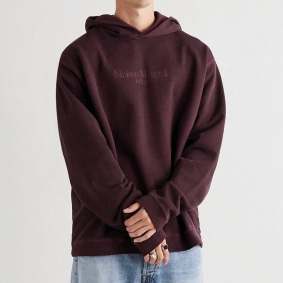 MAISON MARGIELA OVERSIZED LOGO EMBROIDERED LOOPBACK HOODIE in BURGUNDY sz XXL - Picture 5 of 5